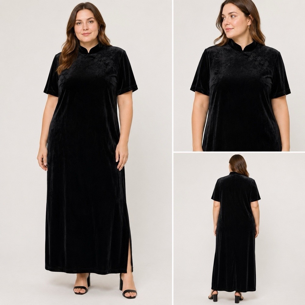 Coco Bianco Black Velvet Maxi Dress Size 18 Asian Inspired‎ Gothic Evening Dress